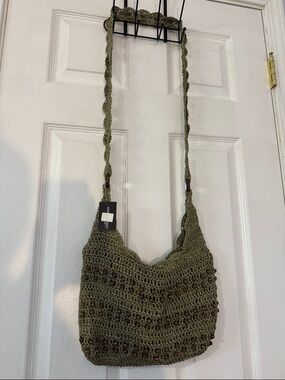 Olive Crochet Shoulder Bag with Wood Bead Accents